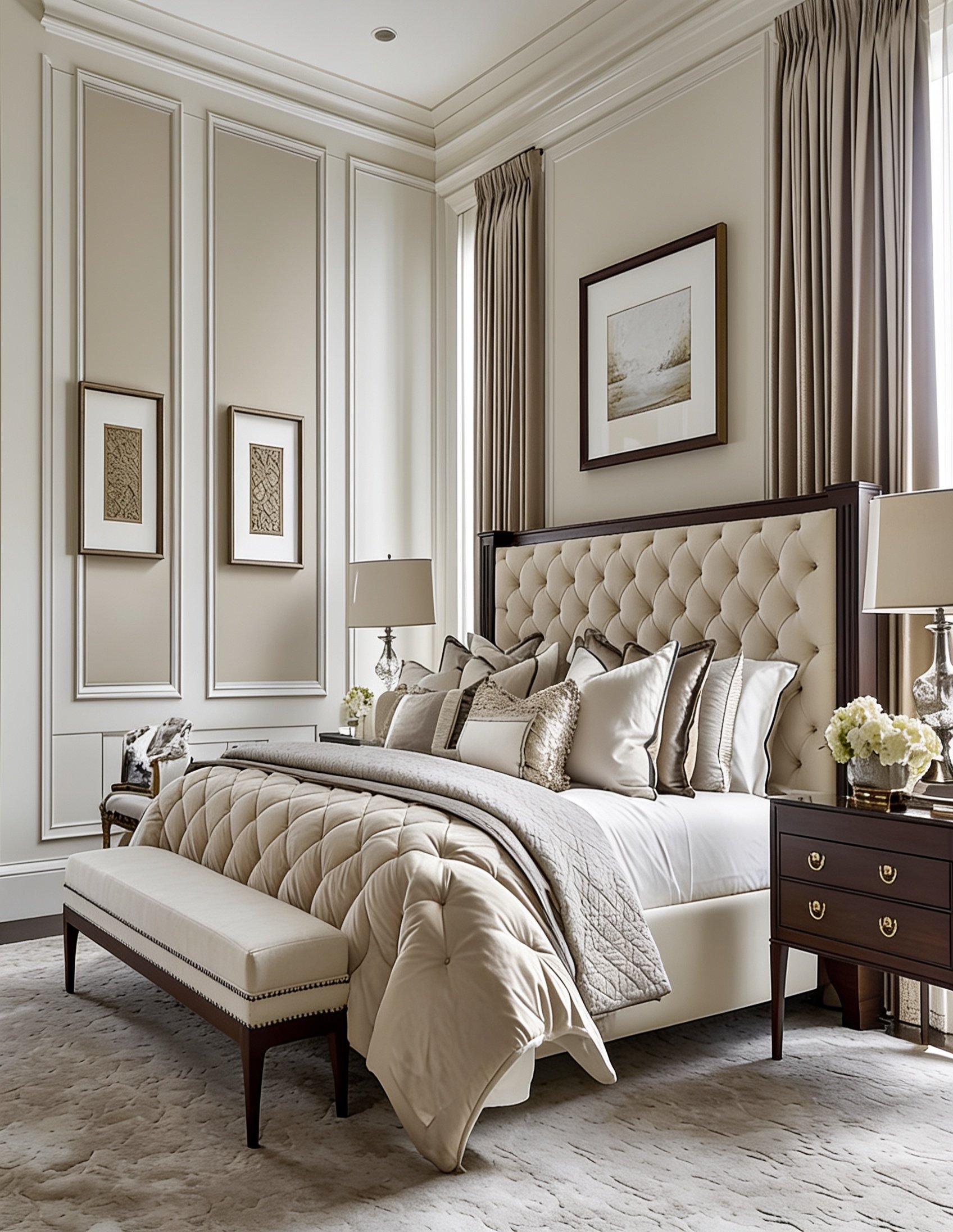 A luxurious bedroom with a beige tufted upholstered bed, beige and patterned pillows, a matching upholstered bench at the foot of the bed, white and gold lamps on dark wood nightstands, framed art on the walls, beige curtains, and textured beige carpet.