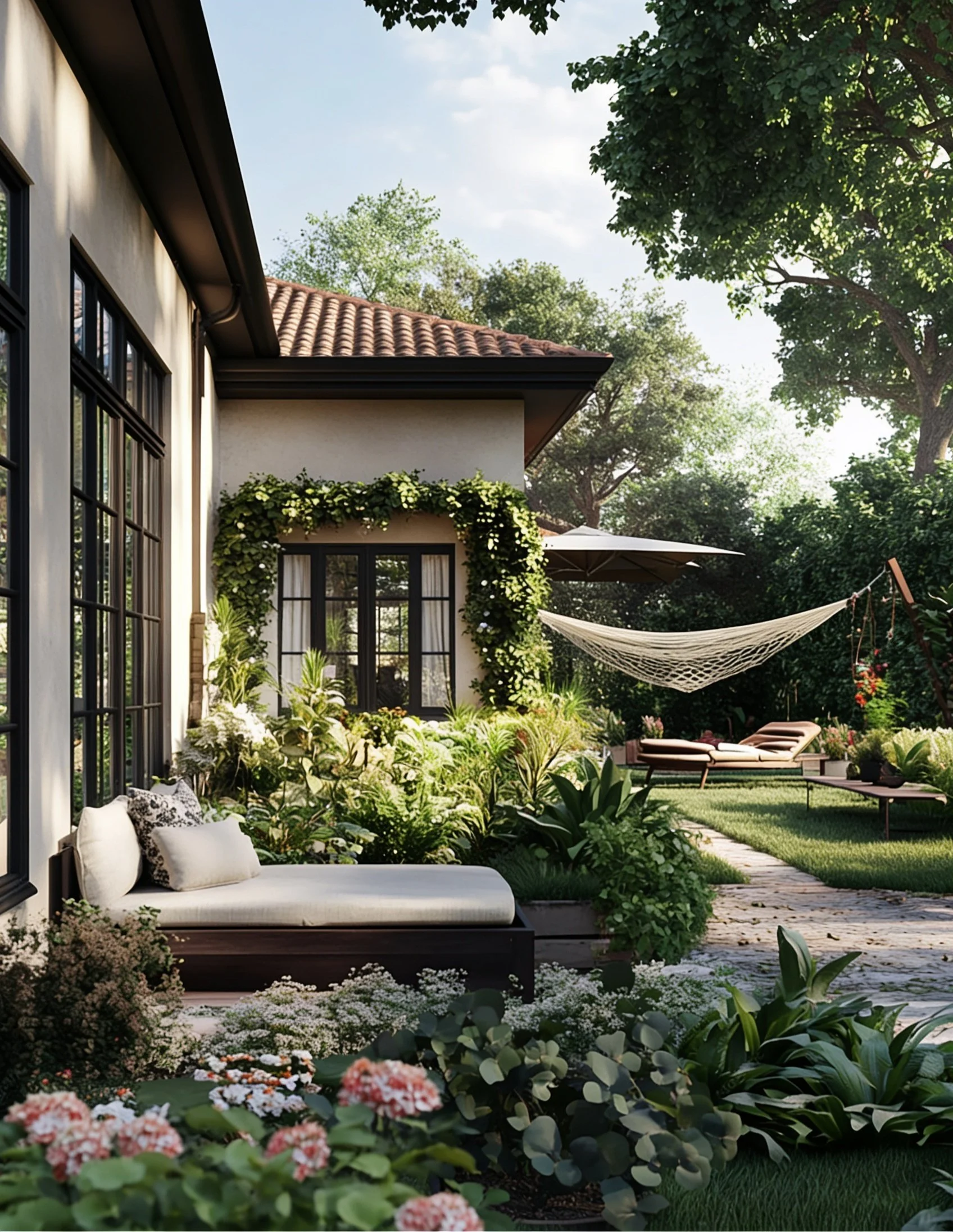A backyard with a house featuring large windows, a tiled roof, and greenery climbing the wall. There is an outdoor cushioned lounge area, a hammock, a patio umbrella, various plants, trees, and a landscaped garden.