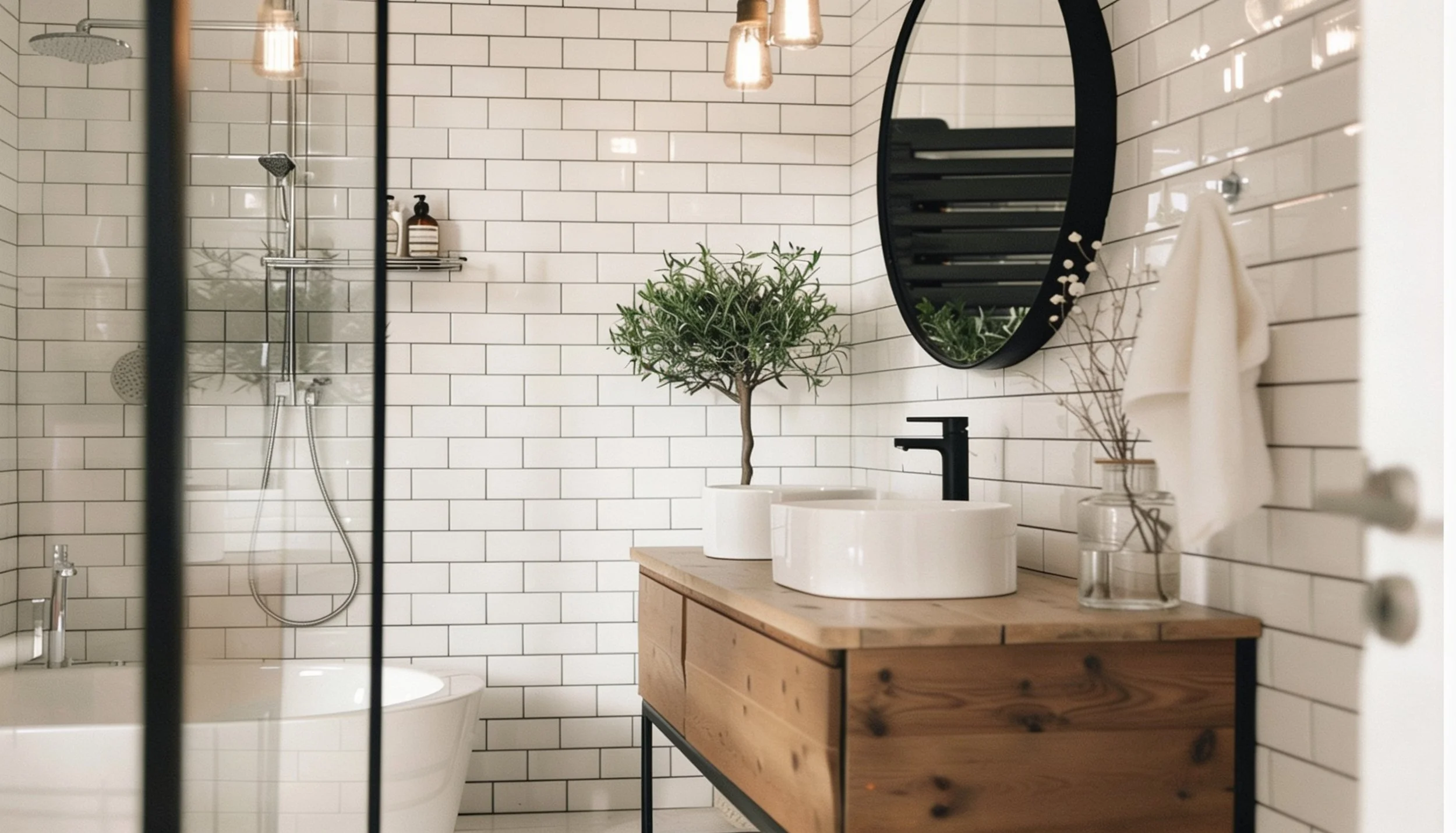 Modern bathroom with white subway tile walls, a wooden vanity with two vessel sinks, a black faucet, a large mirror, and a potted plant. The shower area features a rainfall showerhead and handheld shower with a small shelf holding soap and shampoo bottles. A towel is hanging on a hook to the right.