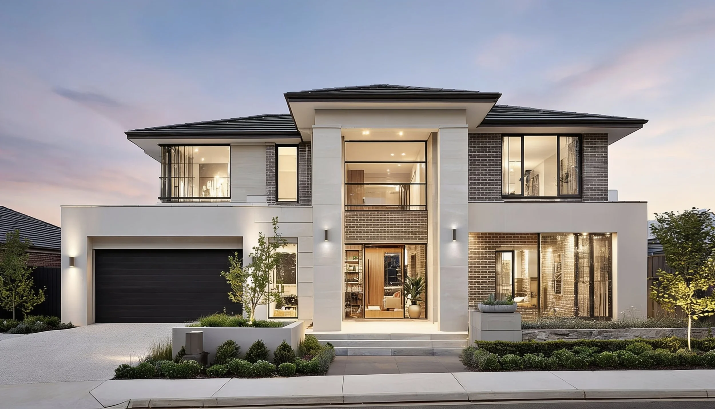 Modern two-story house with large windows, a garage, and landscaped front yard at dusk, with interior lights visible.