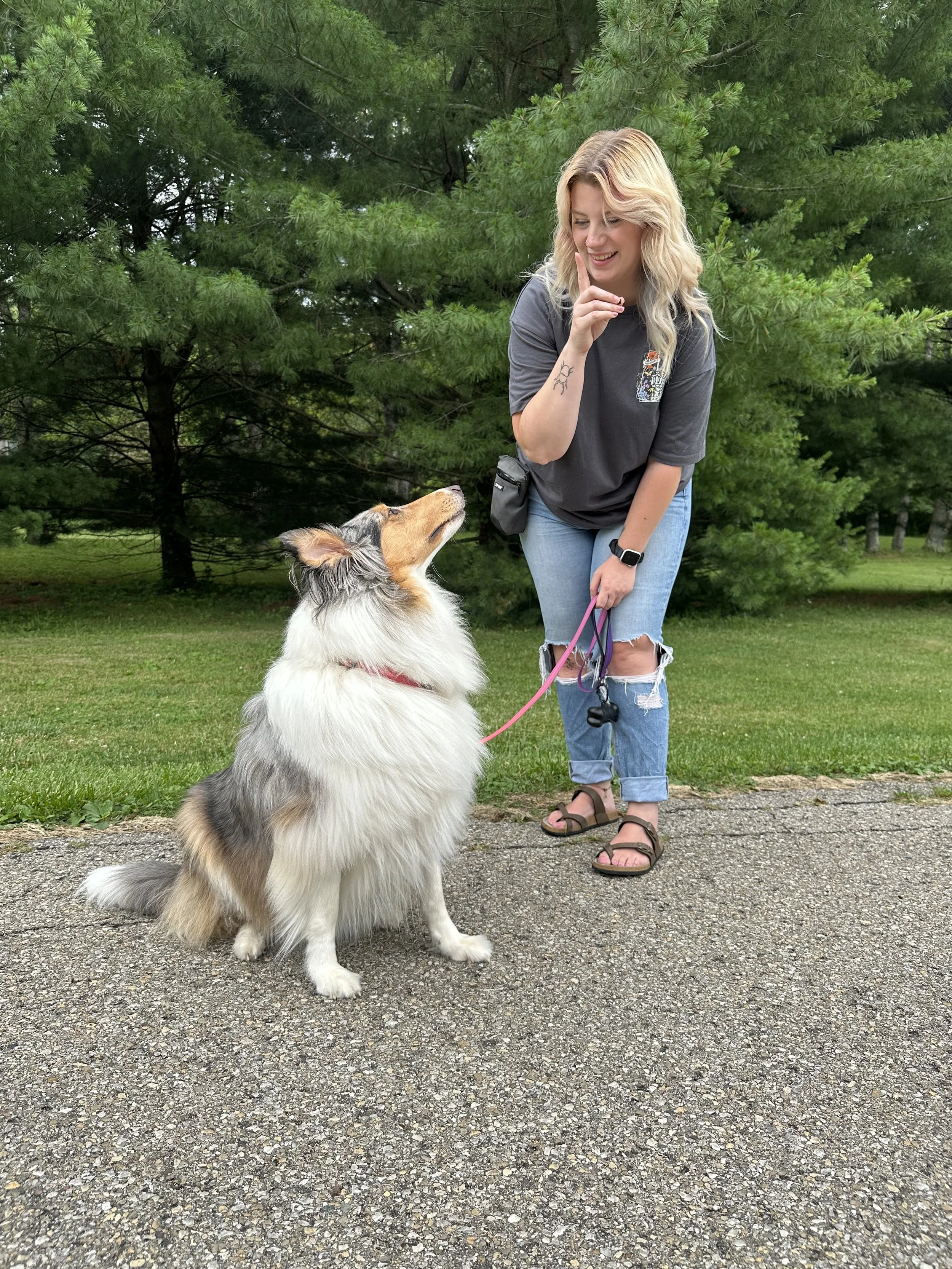 A woman with blonde, wavy hair wearing a dark gray t-shirt, ripped jeans, and sandals is standing on a gravel path outdoors. She is smiling and raising a finger to her lips, engaging with a large, fluffy dog with a merle coat sitting attentively in front of her. The background includes green grass, trees, and a partly cloudy sky.