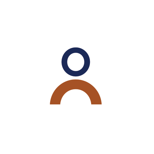 Ein minimalistisches Symbol mit einem blauen Kreis oben und einem braunen Bogen darunter, auf weißem Hintergrund.
