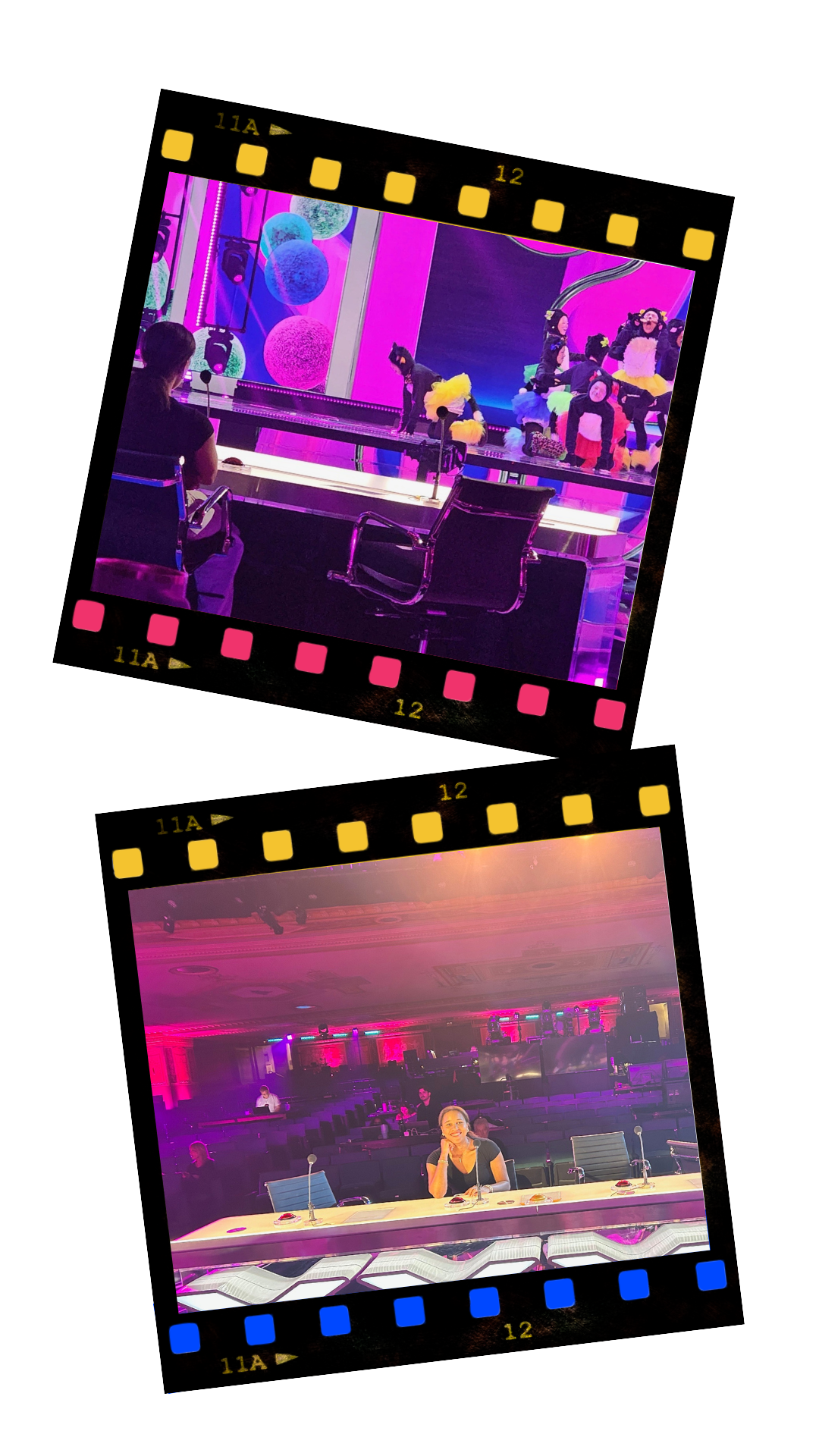 Two images with a black background, brightest at the center. The top image shows a panel of performers in colorful costumes on stage with a vibrant purple and blue background, with colorful orbs and a person watching in the foreground. The bottom image depicts a woman sitting at a panel table with microphones in front of her, in a large room with purple lighting, some audience members, and a dark stage.