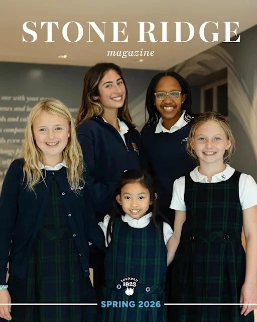Cover of Stone Ridge magazine featuring five girls in school uniform, smiling, with the title at the top and spring 2026 edition at the bottom.