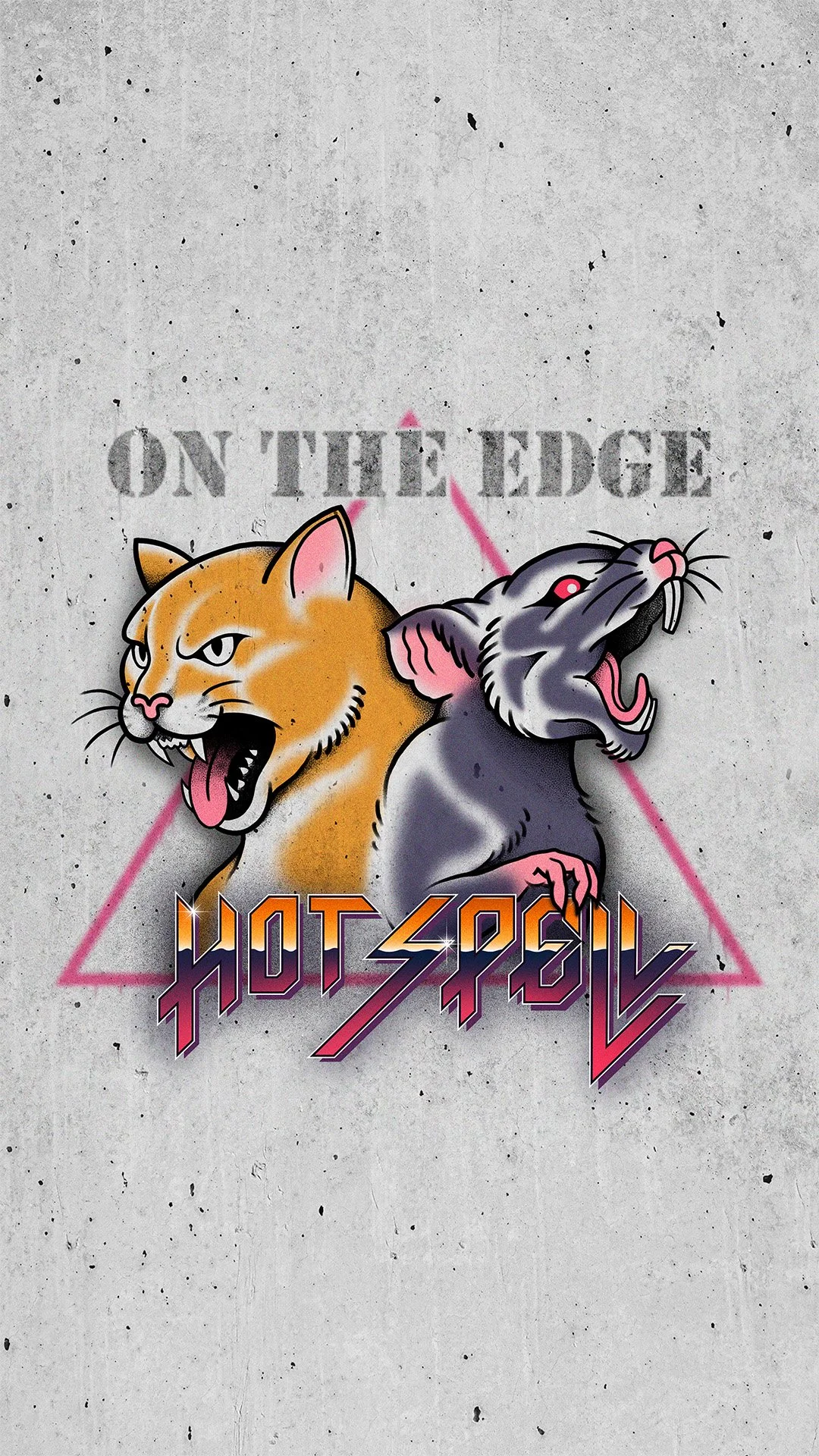 Graffiti-style artwork of a snarling orange tabby cat and a gray snarling rat with the words 'On The Edge' above them and the 'Hot Spell' logo below, painted on a concrete wall.