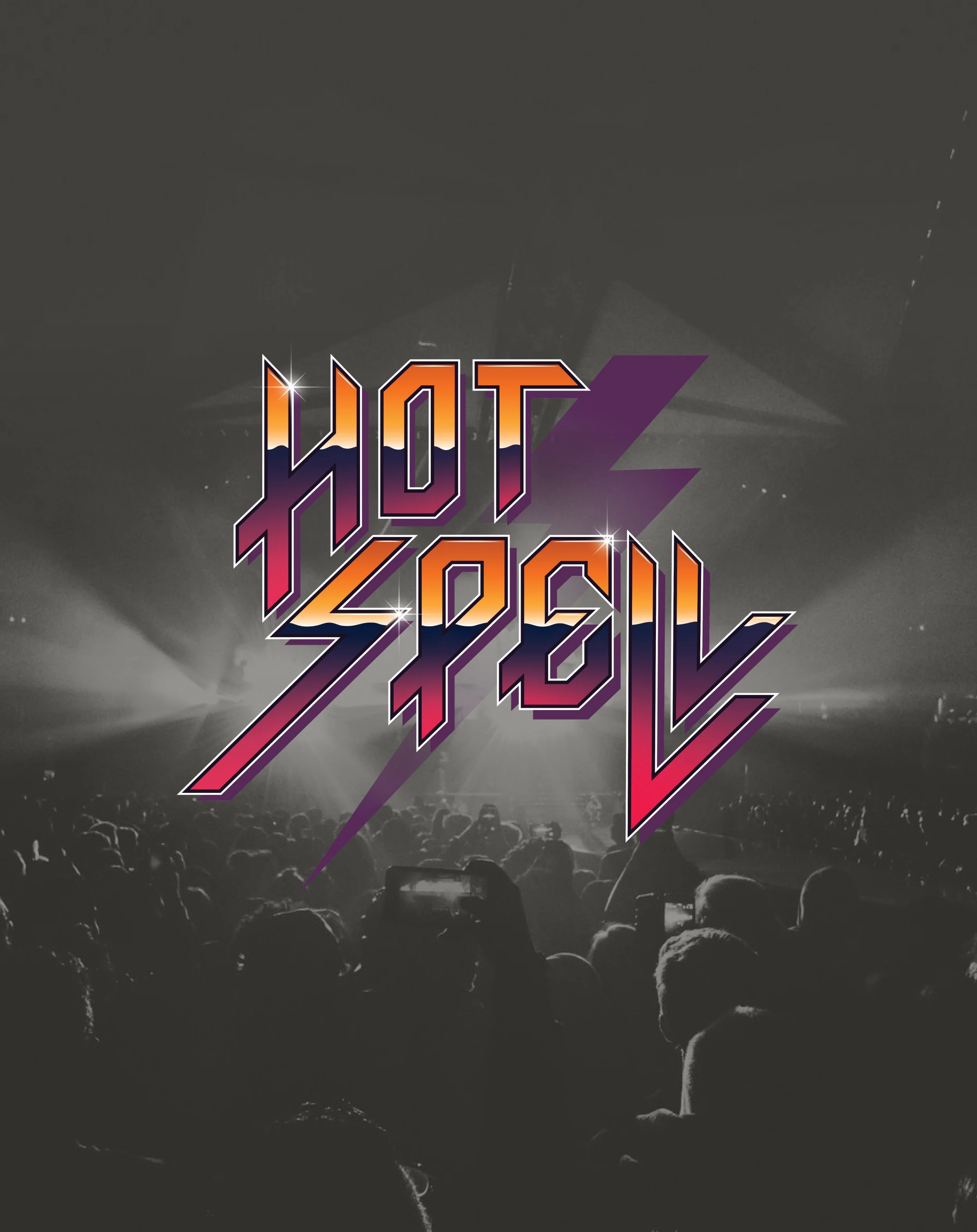 Black and white photo of a concert crowd facing a stage with lights. Overlaid colorful, stylized Hot Spell logo.