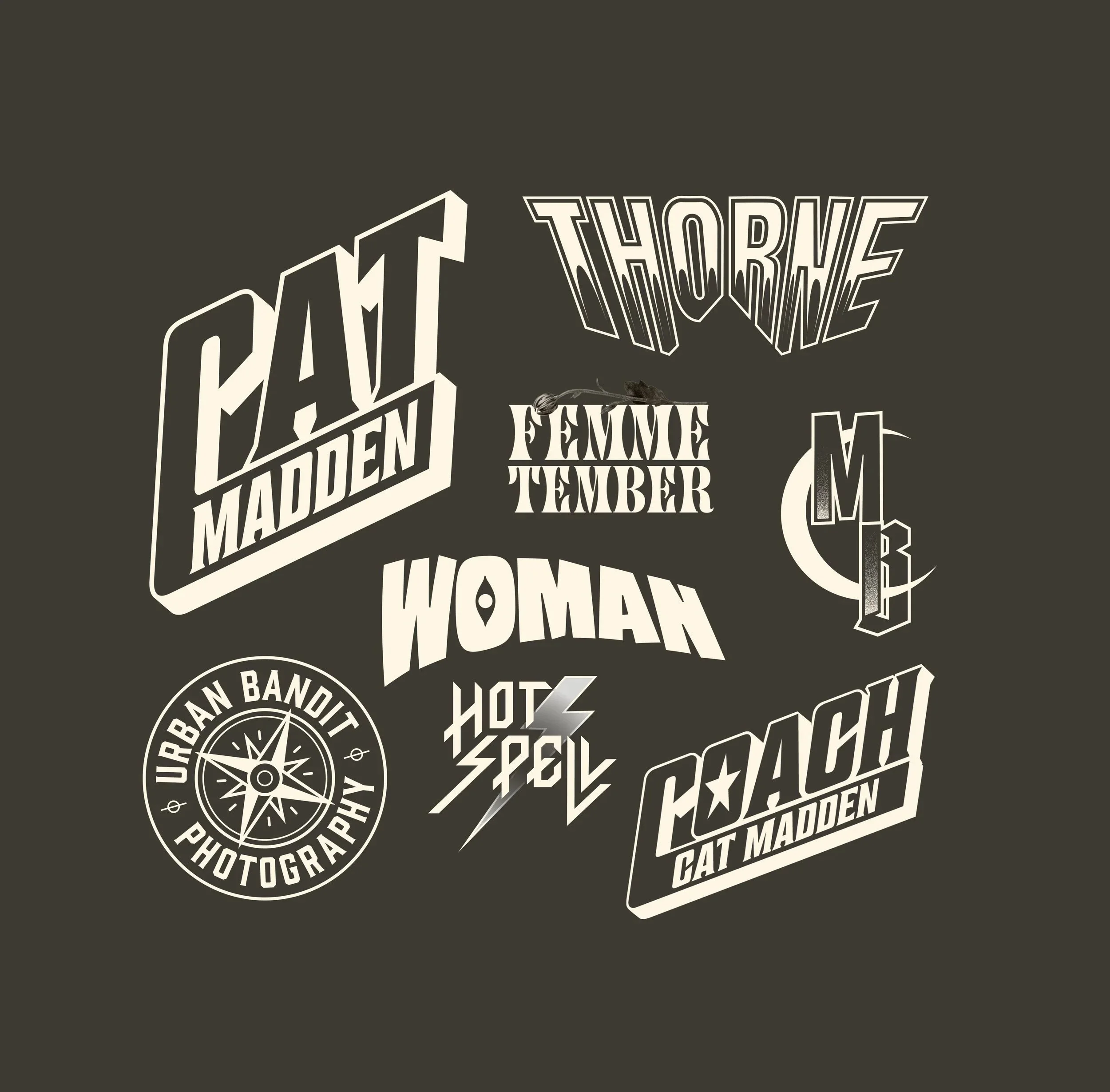 Various white logos on a black background