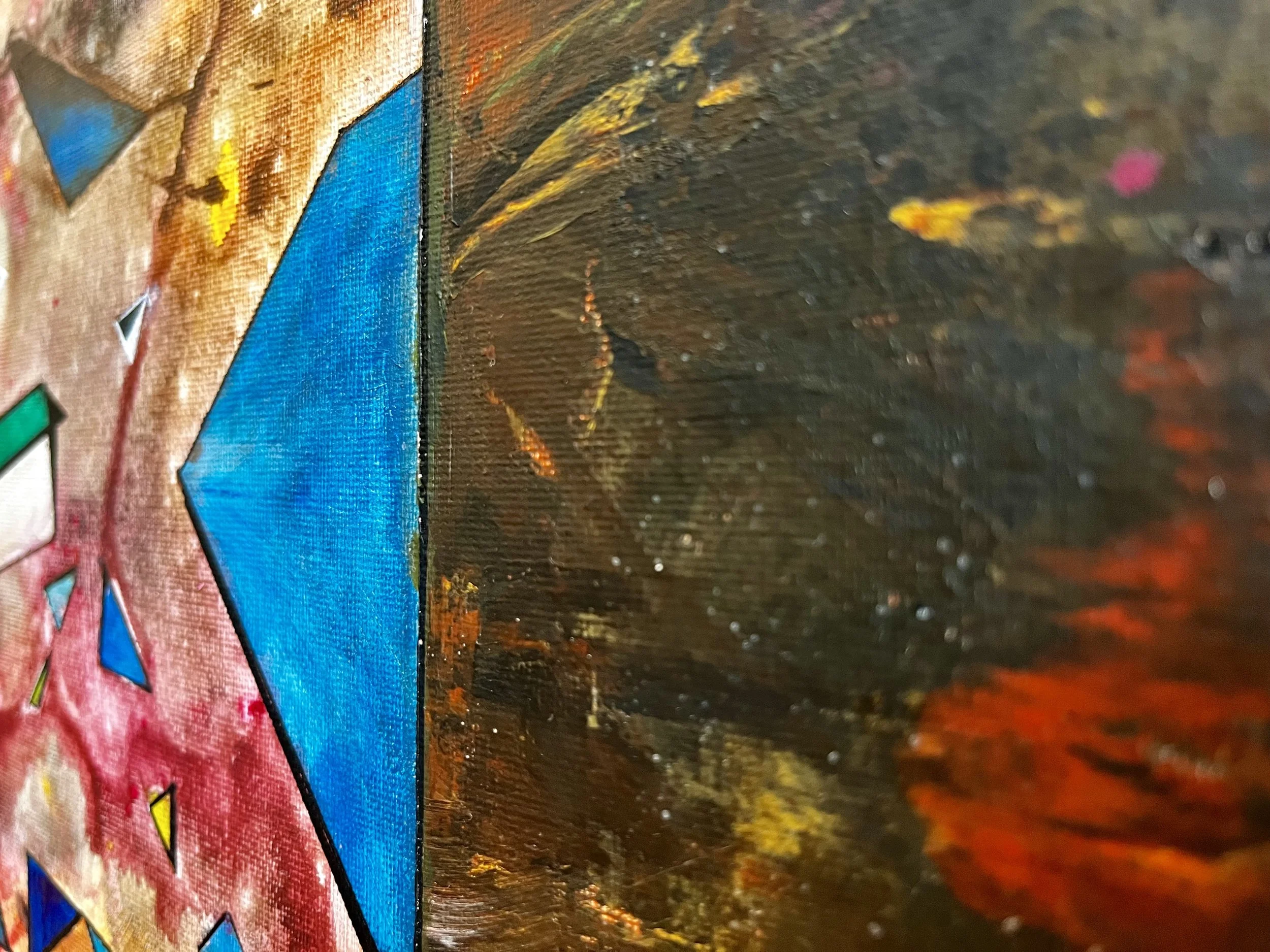 bunte geometrische Formen auf Hintergrund der an Aquarelltechnik erinnert, Spachteltechnik