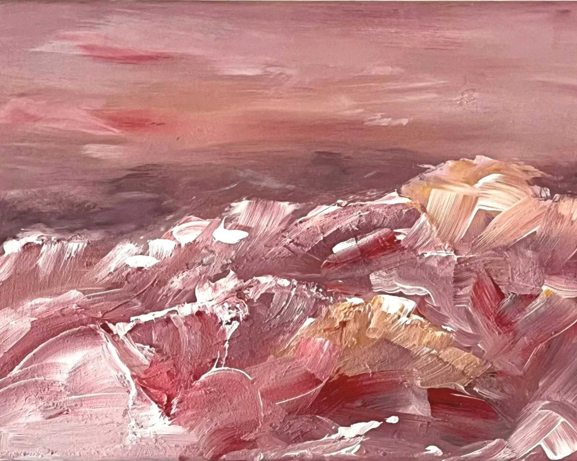 Abstraktes Gemälde in Rottönen mit sichtbarem Pinselstrich-Stil und Textur. Wellenartige Bewegung Bordeaux-Töne Rose, weiß, gold. Rosa Himmel.