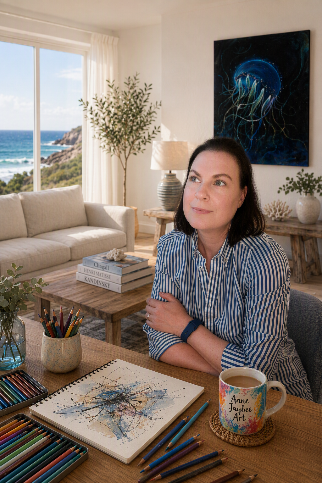 Frau sitzt an einem Tisch in einem hellen Wohnzimmer mit Meerblick, umgeben von Kunstmaterialien und Dekorationsgegenständen. Denkt über neues Kunstwerk nach, zeichnet Skizze. An der Wand hängt Kunst der Künstlerin. Maritimes Flair im Wohnzimmer.