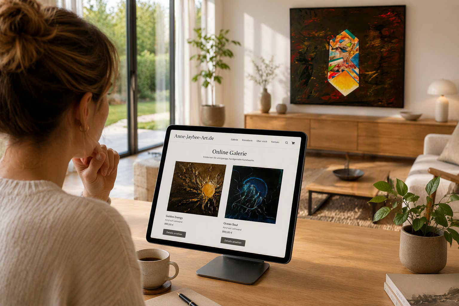 Frau sitzt an einem Holztisch, betrachtet Kunstwerke auf der Homepage von Anne Jaybee Art auf einem Tablet, in einem hellen Wohnzimmer mit großen Fenstern, Pflanzen. An der Wand hängt das Gemälde "Cube" der Künstlerin.
