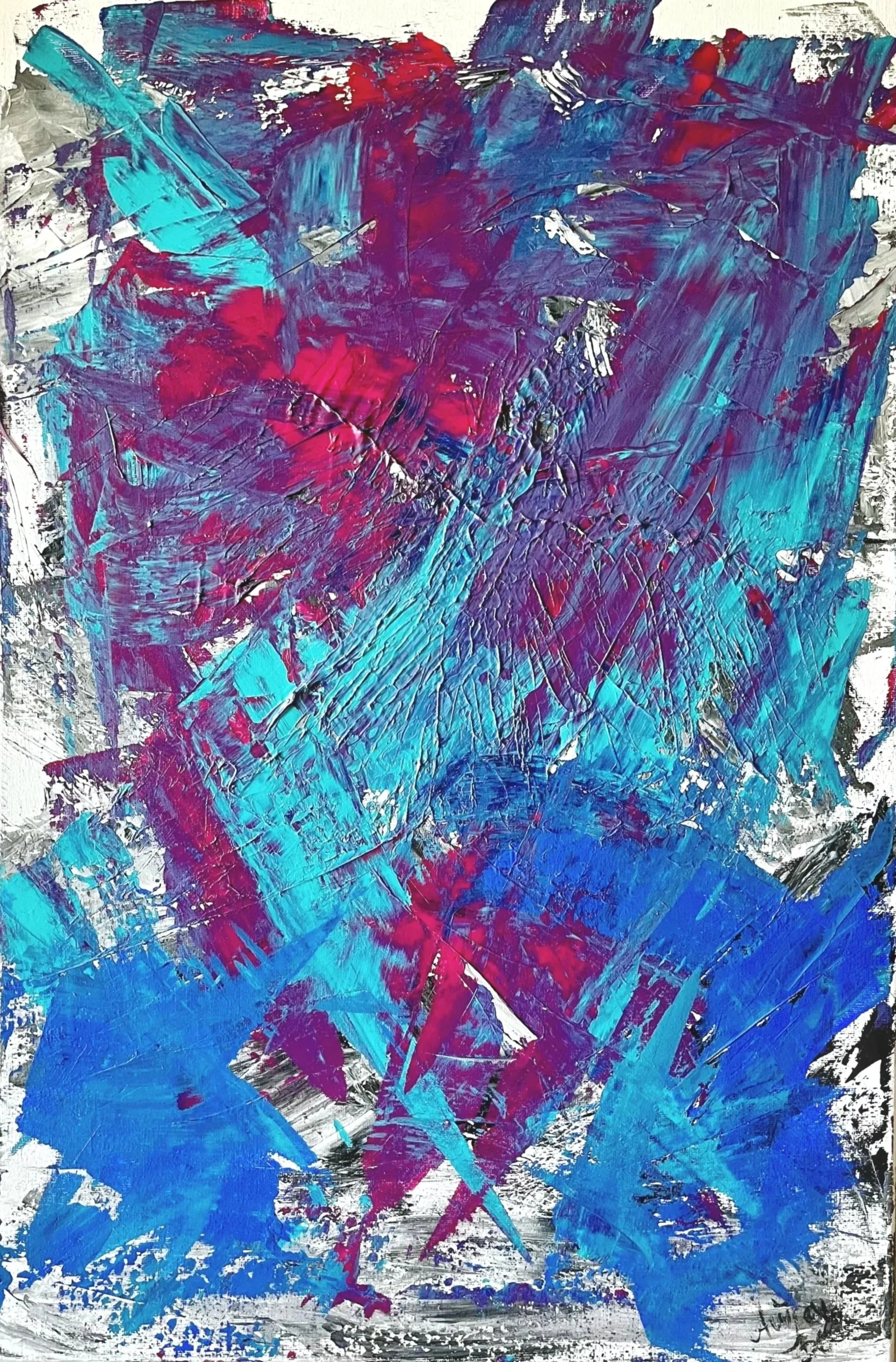 Abstraktes Gemälde mit kräftigen Blau-, Lila-, Rosa-, Rot- und Weißtönen, mit sichtbaren Pinselstrichen und Texturen.