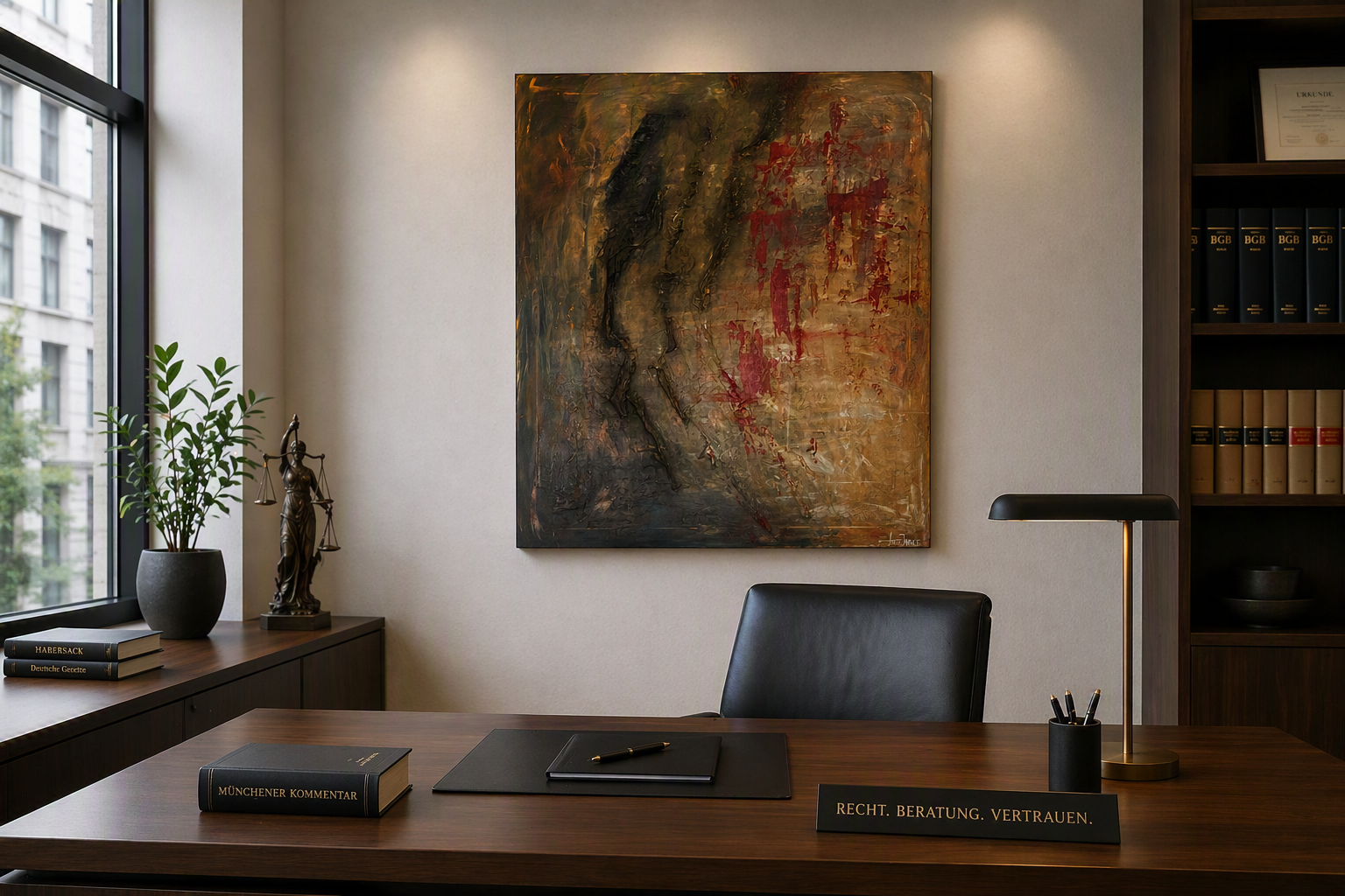 Modernes Büro mit Schreibtisch, schwarze Ledercouch abstraktes Gemälde an der Wand. Buch mit dem Titel 'Münchener Kommentar', schwarzer Ordner, Stift, Tischläufer mit Aufschrift 'Recht. Beratung. Vertrauen.', schwarzer Tisch Stifte. Pflanze Justitia.