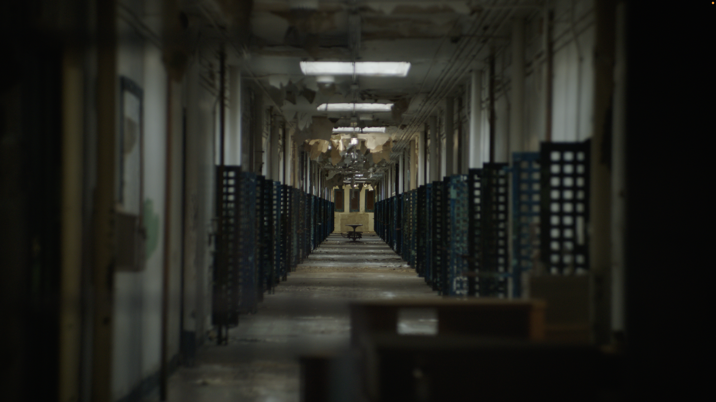 An abandoned corridor in a building with peeling paint, broken ceiling panels, and overgrown debris. Rows of empty chairs line the sides, leading to a closed door at the end.