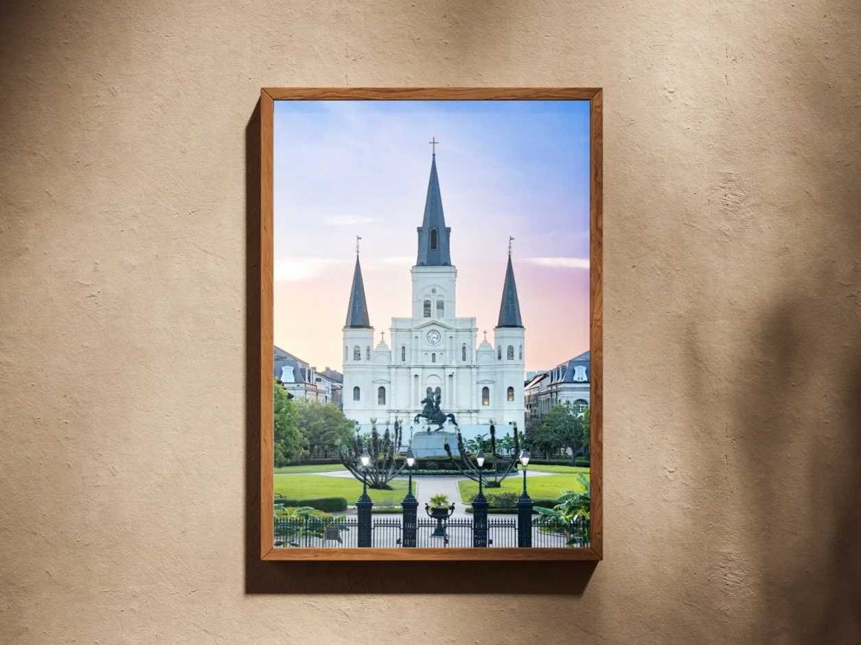 A little New Orleans sunset for your feed ✨☀️🎺 So excited for this print to join the shop! We had fun waiting out the sunset in Jackson Square on a Monday where the park was empty. I can&rsquo;t wait to get these in stock, you all know they&rsquo;ll