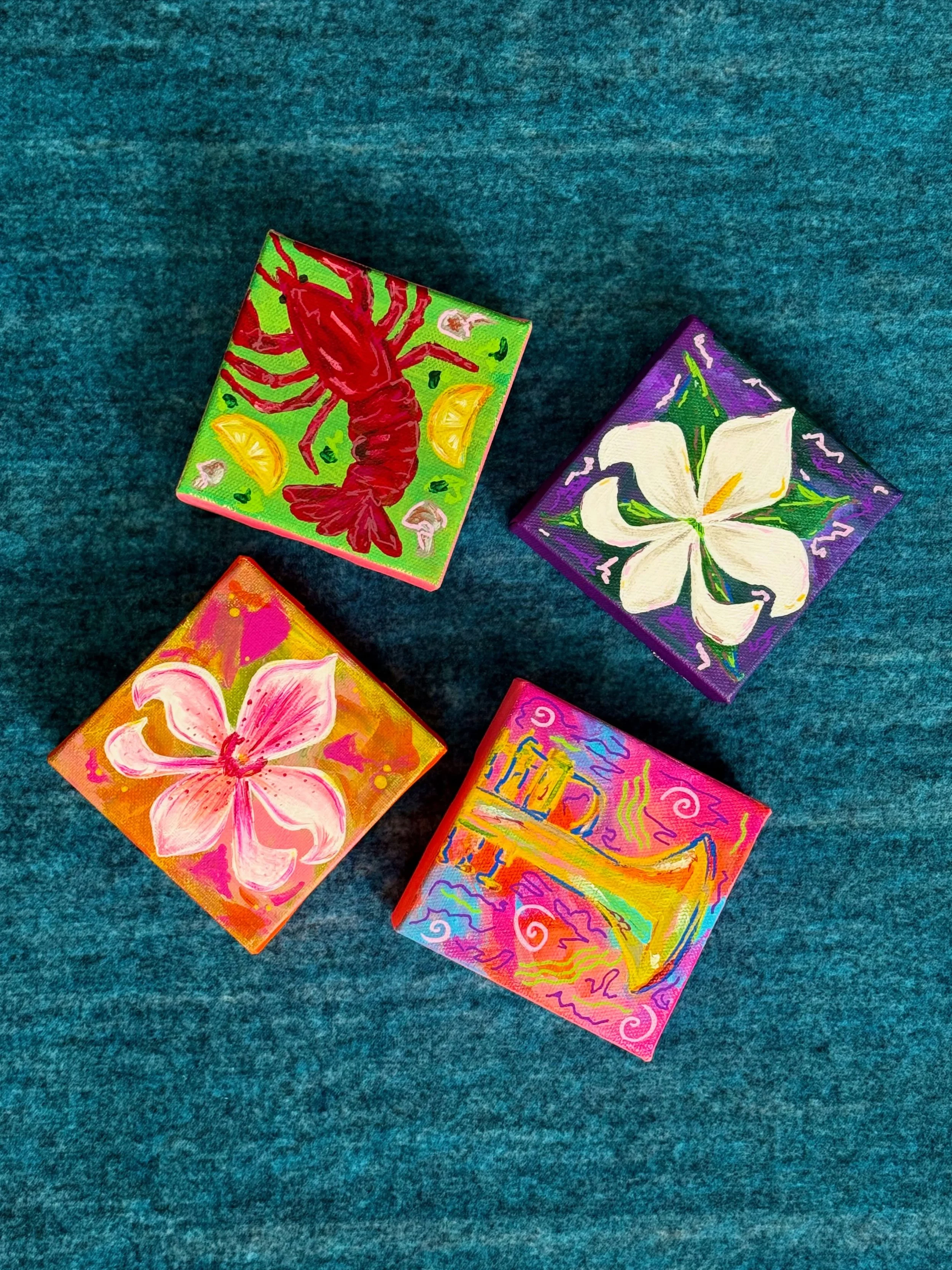 testing out these mini canvases with some funky paintings 💥🫟✨ these will be available at my next market this friday or you can snag one online :) I&rsquo;m obsessed with these flower fleur de lis ones I may have to take on some other flower combos!