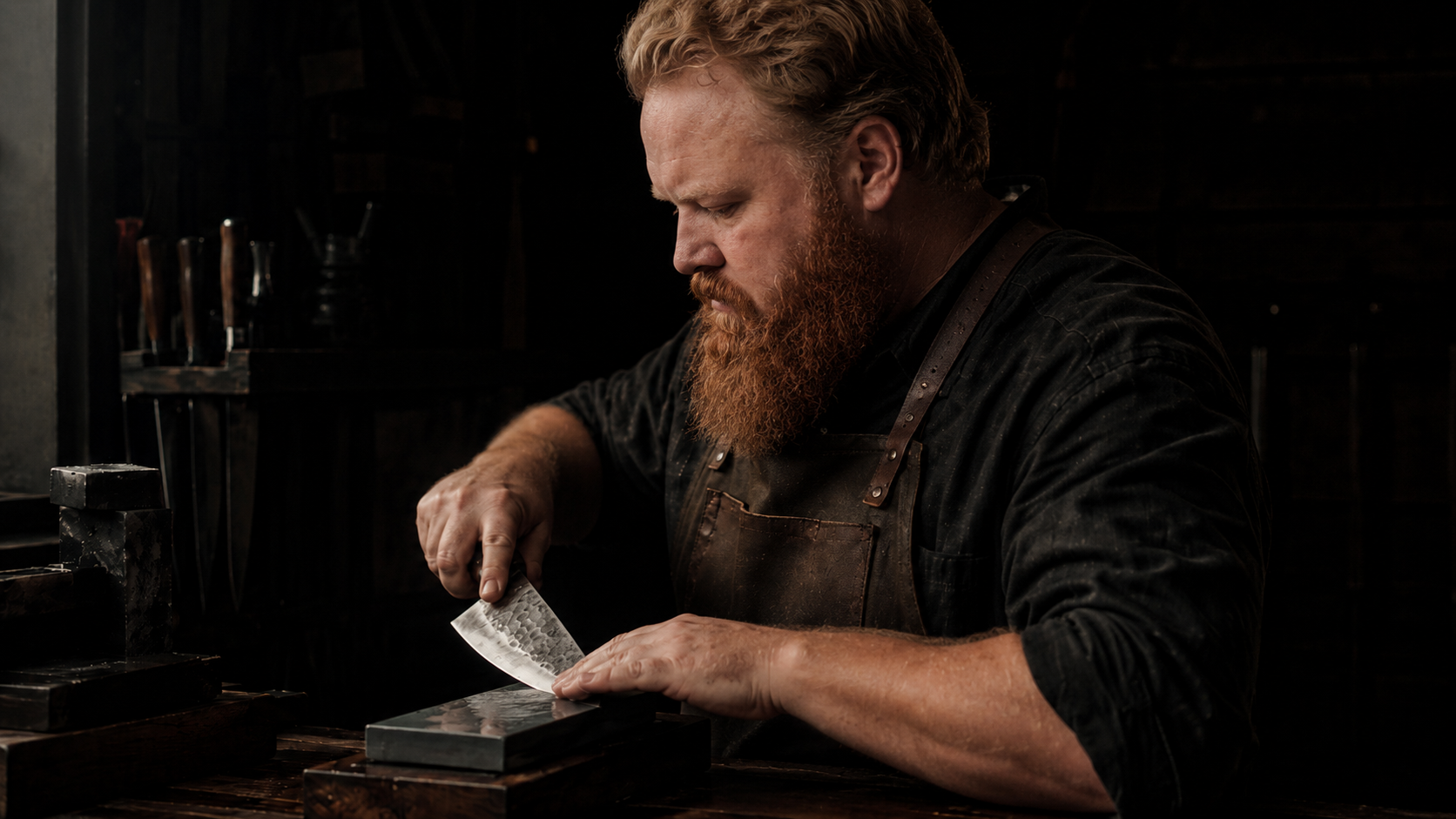 Craftsman working on sharpening knife at bench.