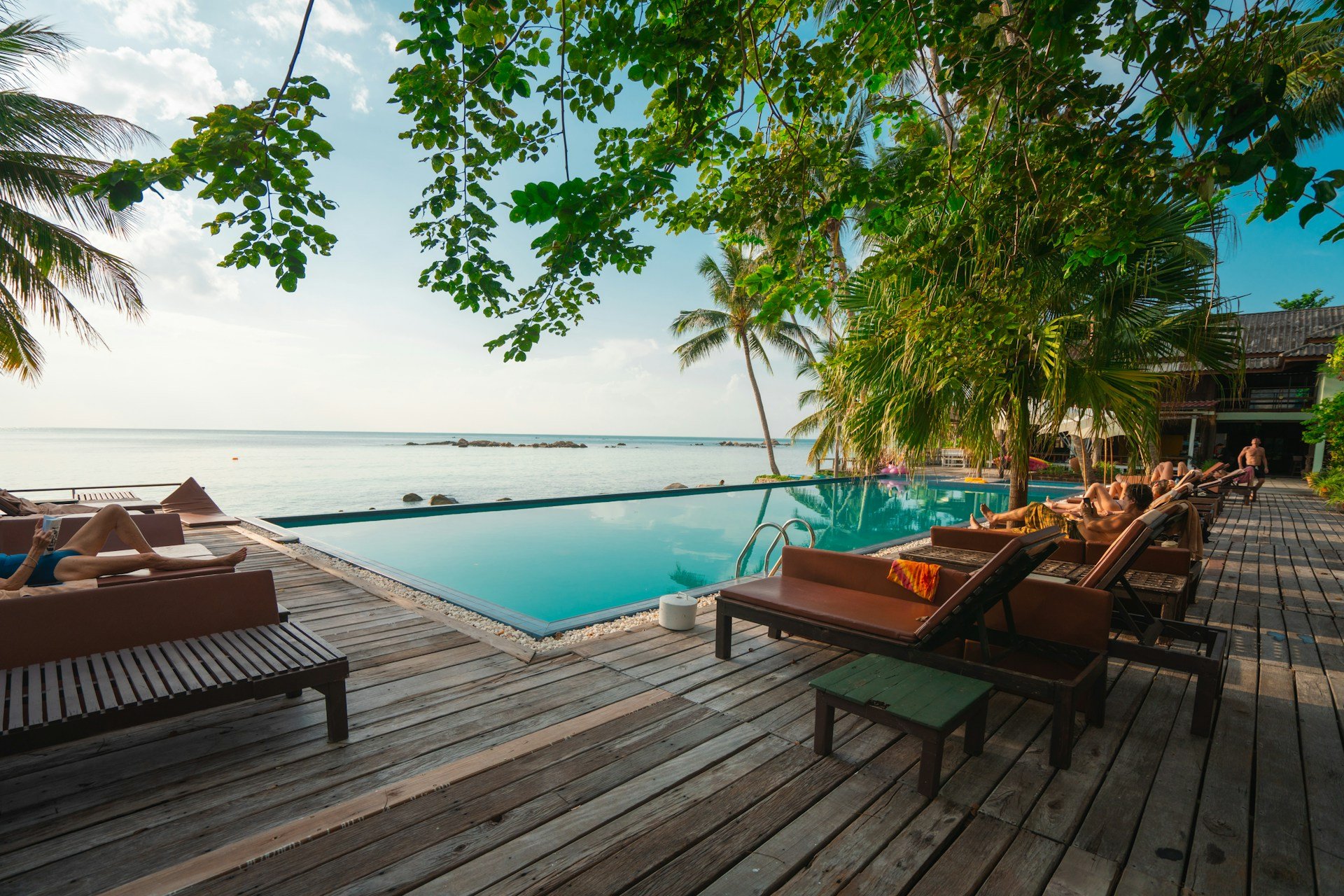 A tropical outdoor pool area with lounge chairs, palm trees, and a view of the ocean. People are relaxing on the loungers, some under large green trees, with a building visible on the right.
