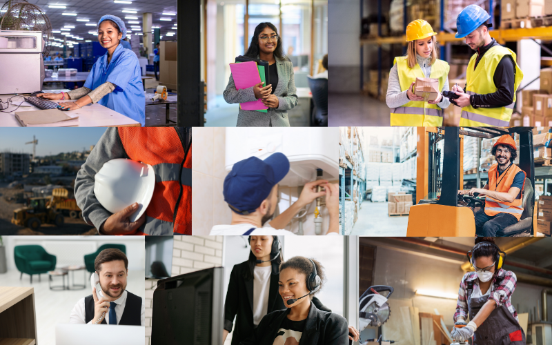 A collage representing the diverse workforce served by Human Resources Inc., featuring professionals from manufacturing, construction, engineering, warehouse, logistics, office administration, customer service, accounting, and leadership roles. We he