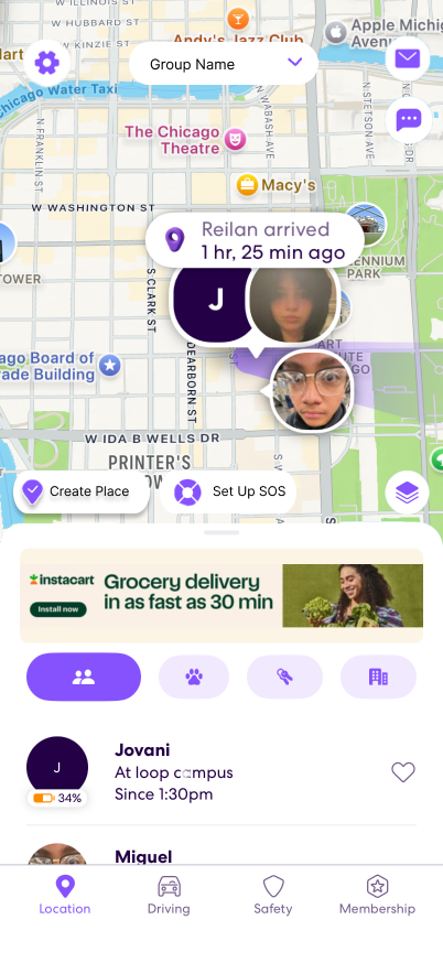 Mobile app map screen of Life360 User Interface.