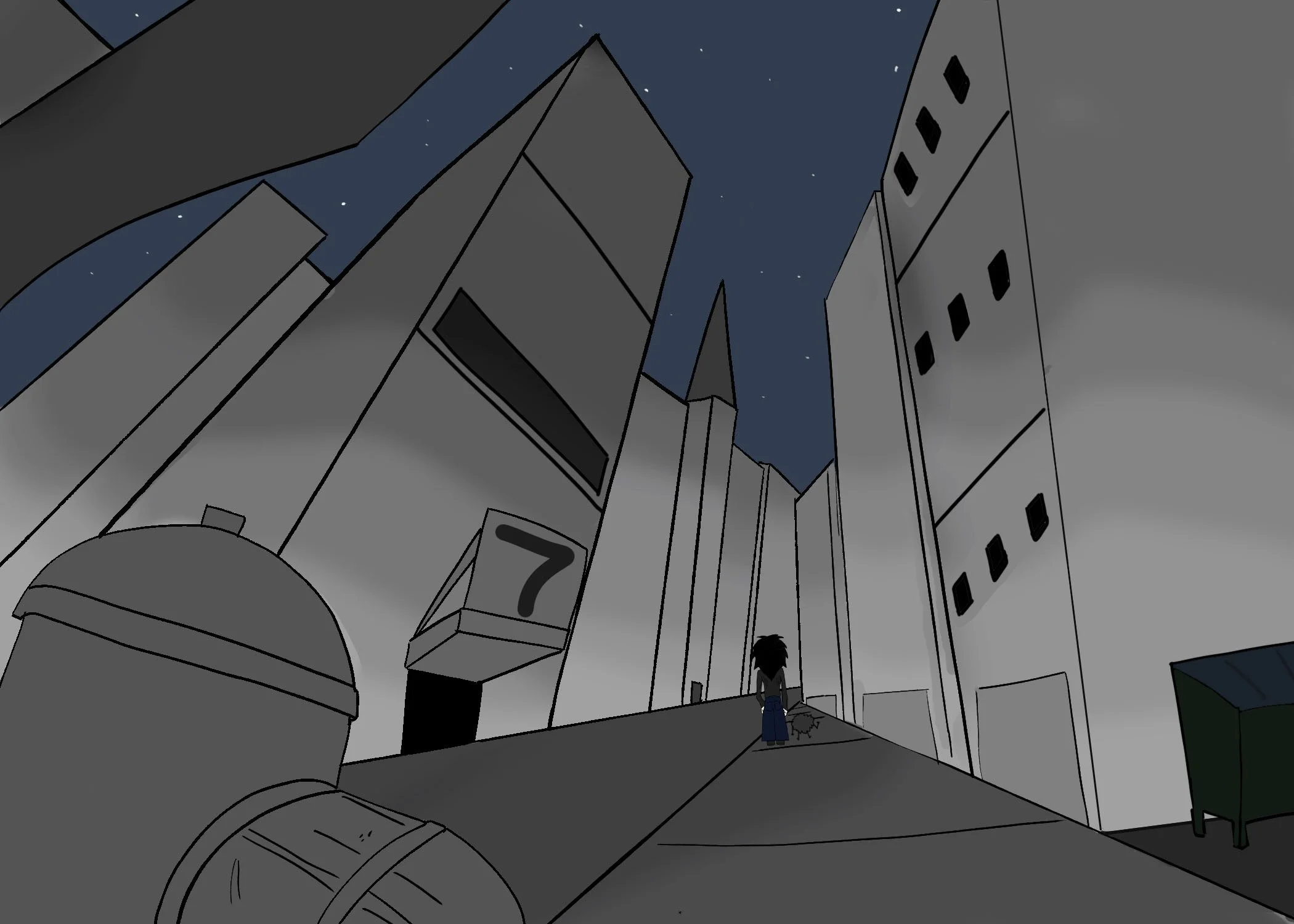 A nighttime cityscape with tall buildings, stars in the sky, and a character with dark hair and a blue coat standing on the street looking up.