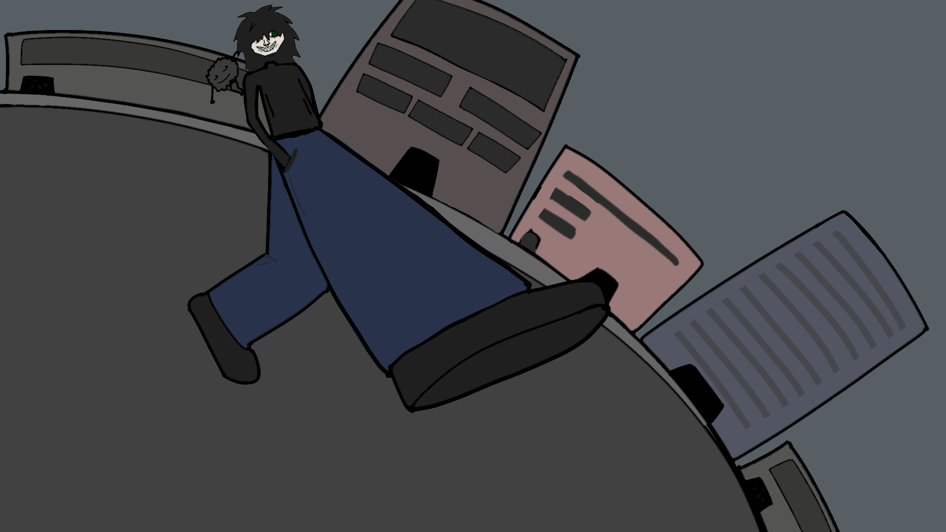 A cartoon character with black hair, green eye, and a mischievous smile, standing on a curved street with tall buildings around, drawn in a dark, edgy style.