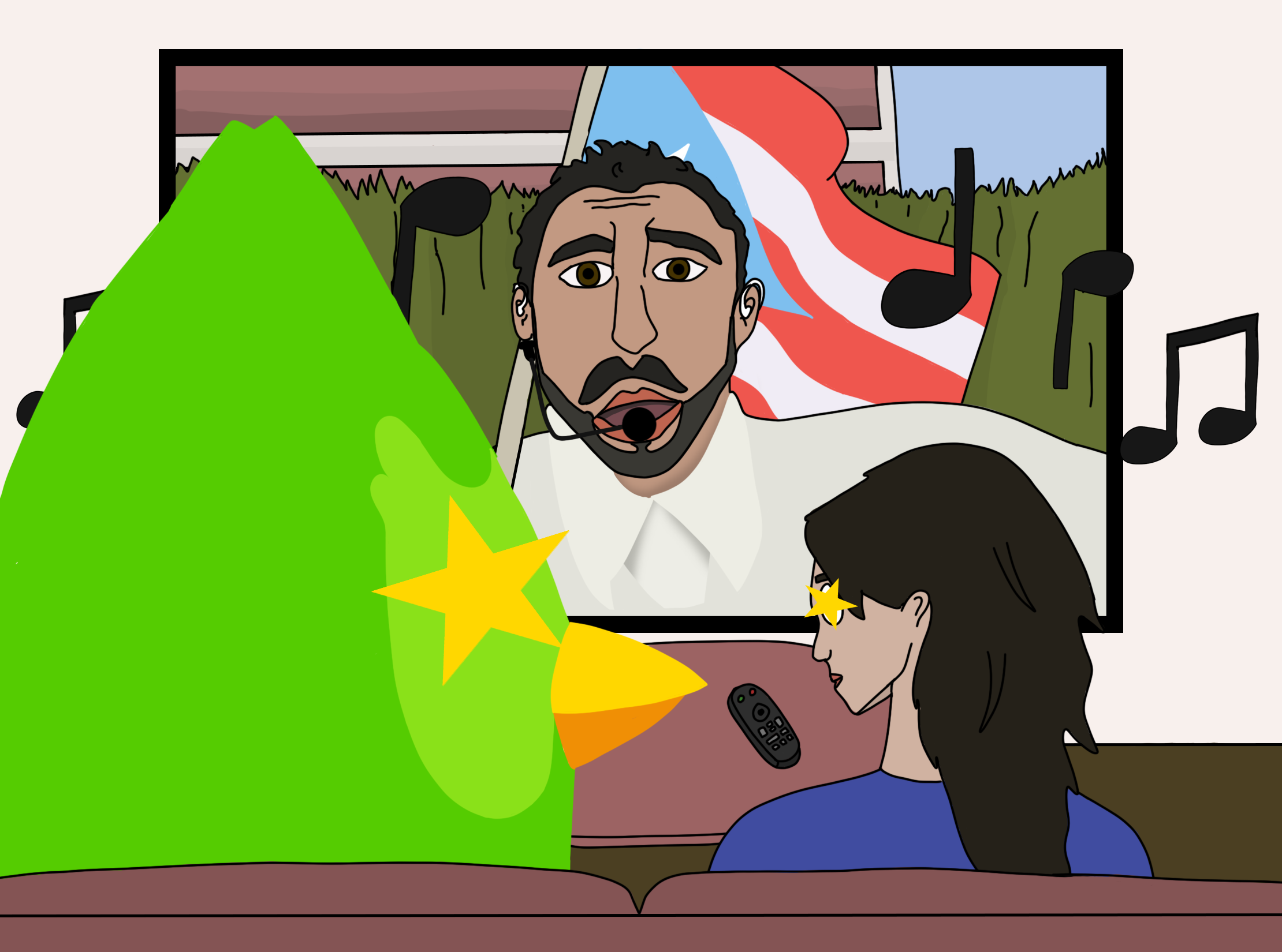 A cartoon-style illustration of the Super Bowl halftime show.