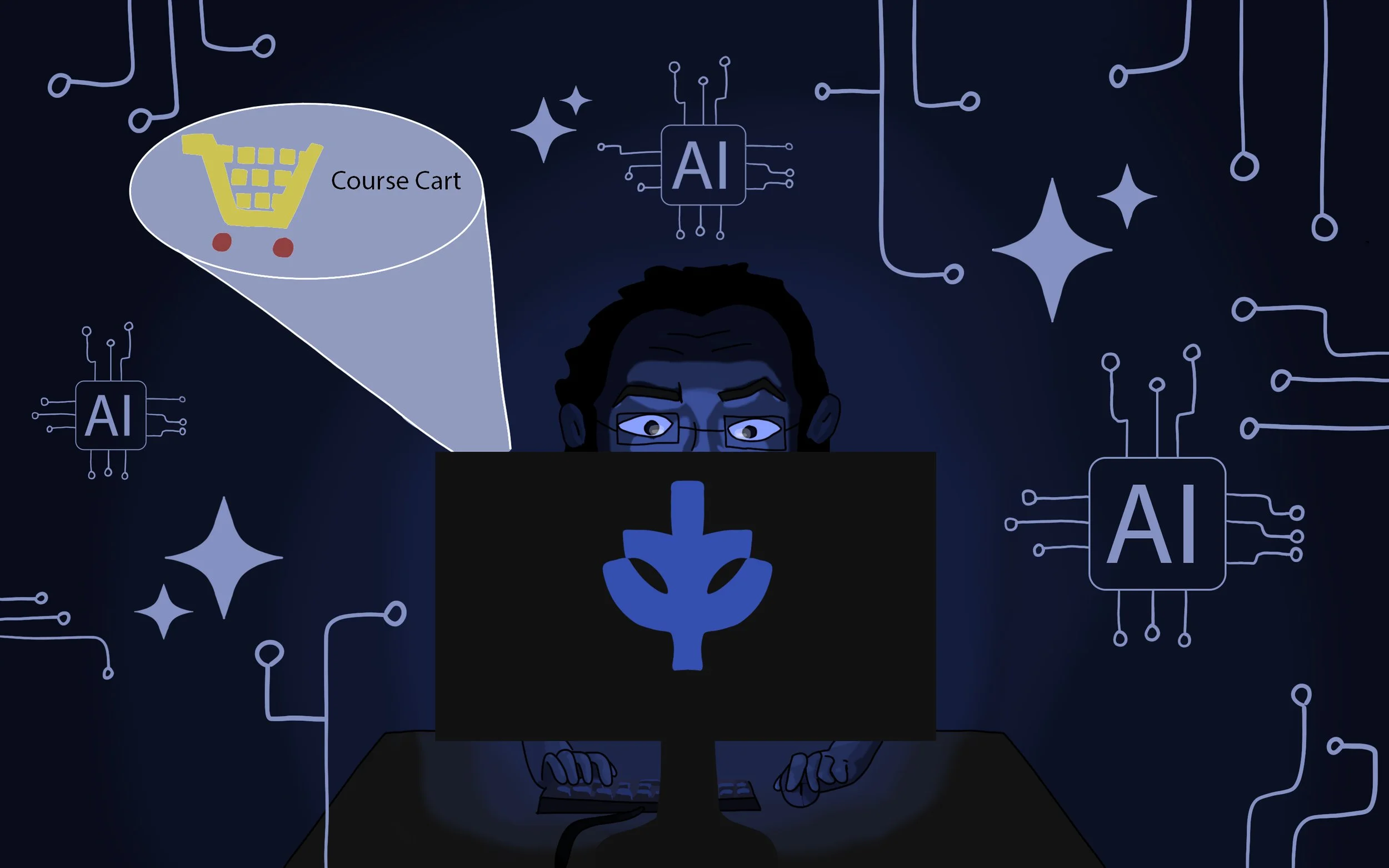 A person with glasses working on a computer in a dark room with digital circuit and AI icons.