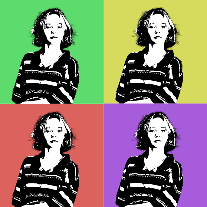 Pop art-style image of a woman with shoulder-length hair, wearing a striped top, shown in four color blocks: green, yellow-green, red, and purple.