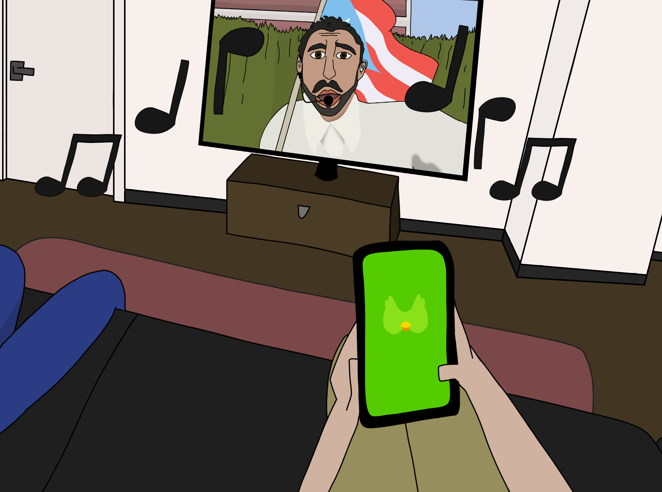 Digital illustration of someone playing Duolingo while watching the Super Bowl halftime performance.