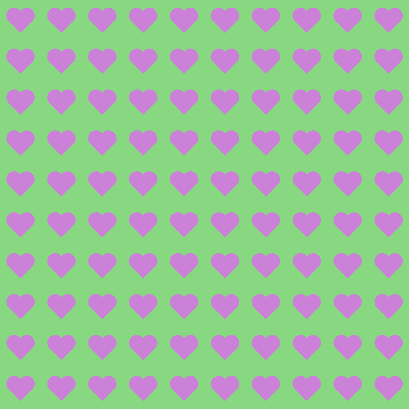 A pattern of purple hearts on a green background.
