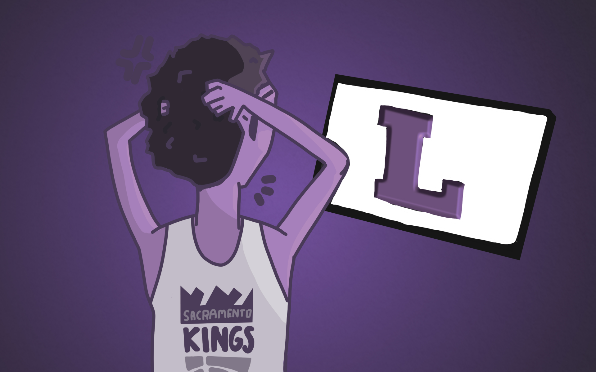 Digital artwork of a person with purple skin and hair covering their face, wearing a Sacramento Kings tank top, standing in front of a purple background and pointing to a computer monitor displaying a large letter 'L'.