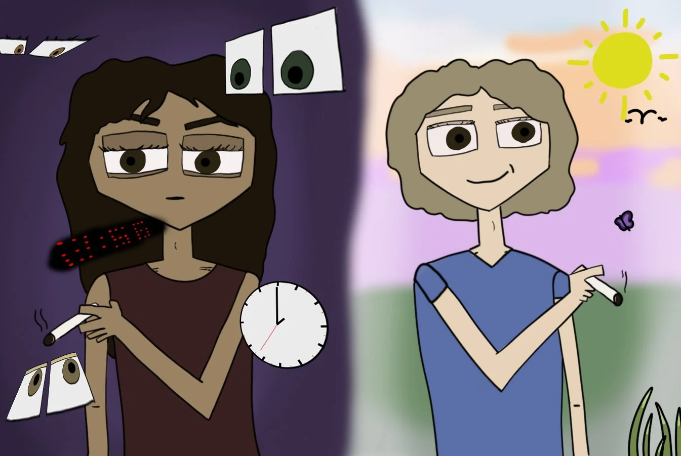 Cartoon illustration of a girl smoking at night and a person smoking in the daytime, separated by a vertical line.