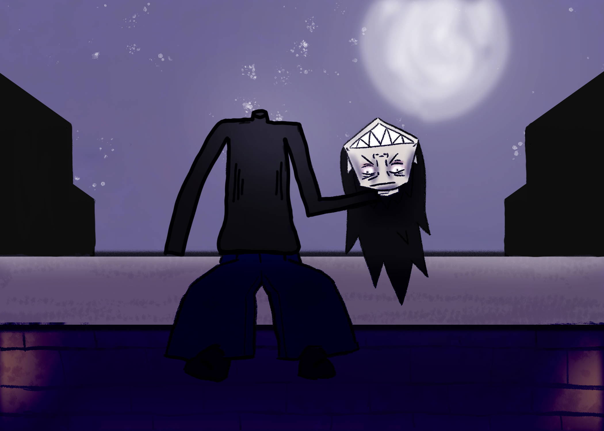 A cartoon character with a creepy facial expression sitting under a large full moon and purple starry sky, framed by two black buildings.