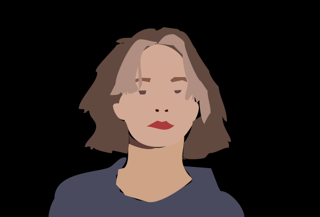 Illustration of a woman with short brown hair, wearing a dark top, against a black background.