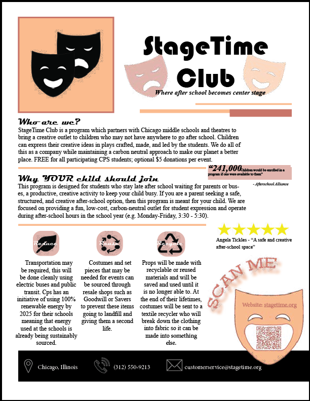 Flyer for Stage Time Club, promoting after school theater program for children with kid-friendly masks, contact info, and a website QR code.