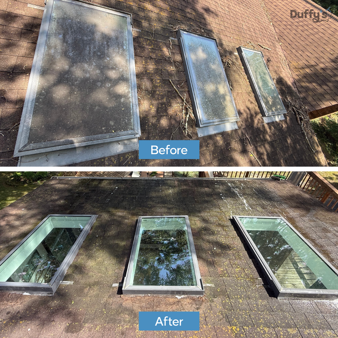 Side-by-side comparison of roof skylights before and after cleaning. The 'before' image shows skylights covered in dirt, grime, and debris. The 'after' image shows the same skylights cleaned and clear, reflecting the sky and nearby trees.