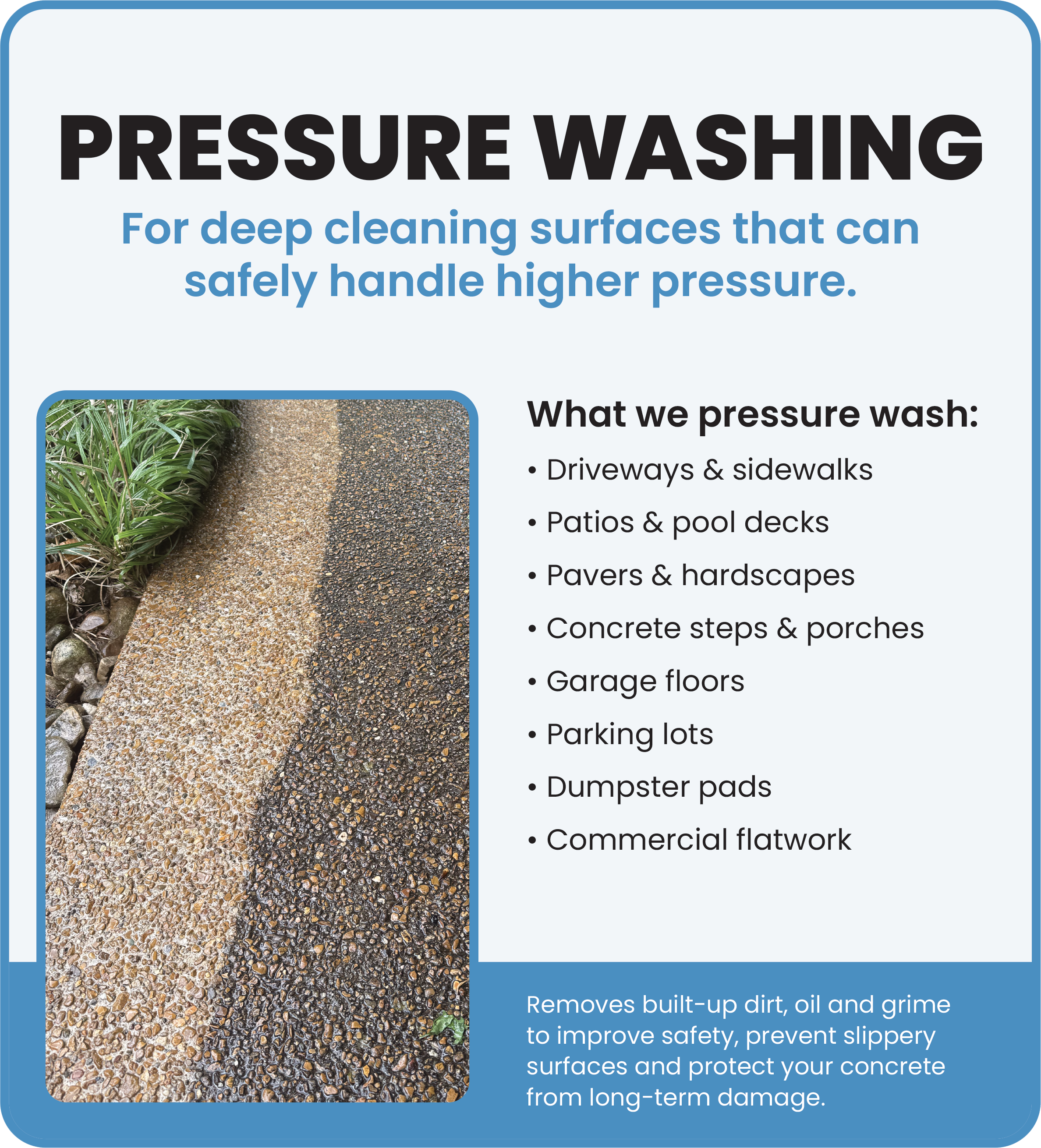 Residential and commercial pressure washing for driveways, patios and concrete in Hendersonville, TN
