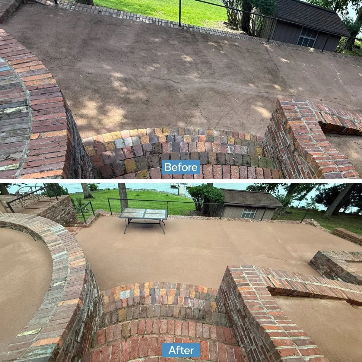 Comparison of a patio before and after resurfacing. The "Before" shows a dirt surface, and the "After" shows the surface paved with smooth concrete with brick edging.