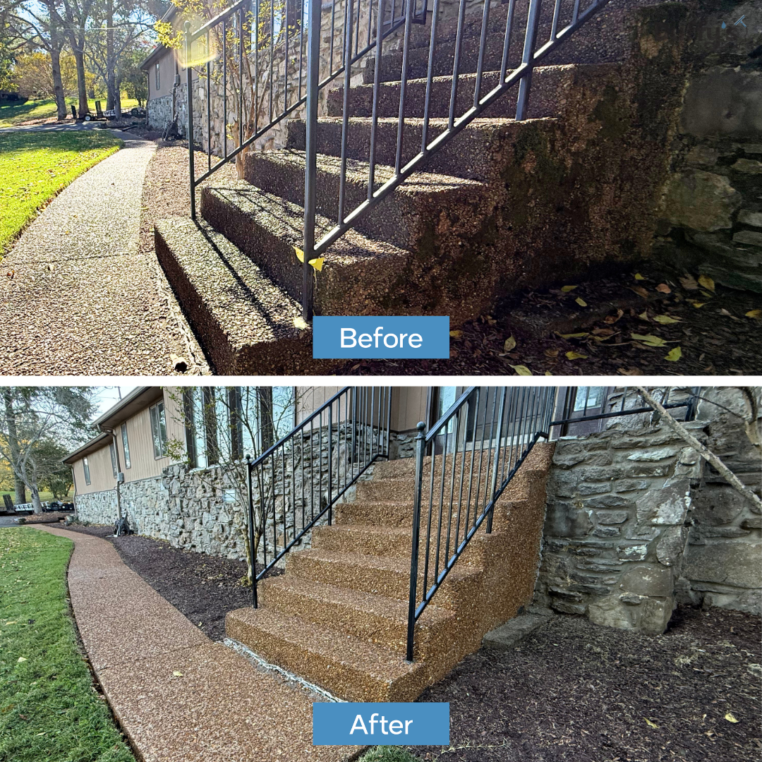 Comparison of outdoor stairs before and after renovation. The before image shows old, weathered steps with a metal railing and uneven surface. The after image shows new, textured stairs with a fresh coat of sealing, a new metal railing, and a clean s