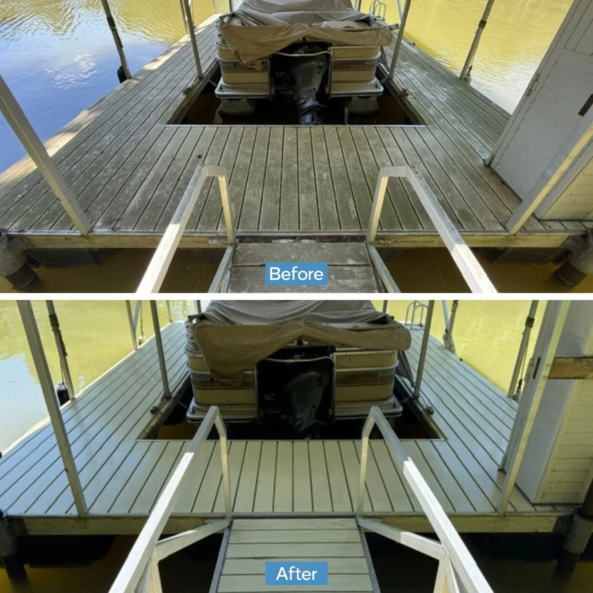 Comparison of a dock before and after refinishing: the top shows an unfinished, weathered wooden deck area with a boat, and the bottom shows the same area with new, painted or stained decking providing a fresh appearance.