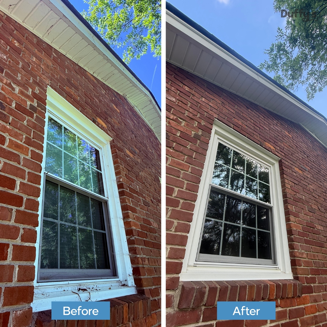 Side-by-side comparison of a window on a brick house showing before and after cleaning. The 'before' image shows a window with dirty, chipped white paint and grime on the frame. The 'after' image shows the same window with a clean, freshly painted wh