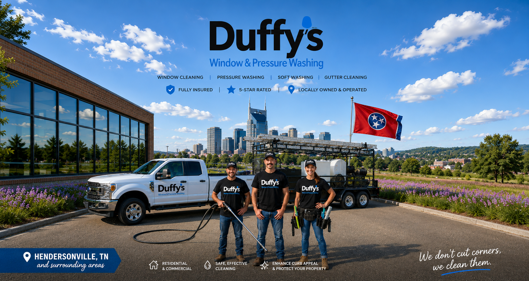 Duffy's Window & Pressure Washing truck with three workers standing in front, clear blue sky, city skyline in background, purple flowers along the sidewalk, and a Tennessee flag on the trailer.