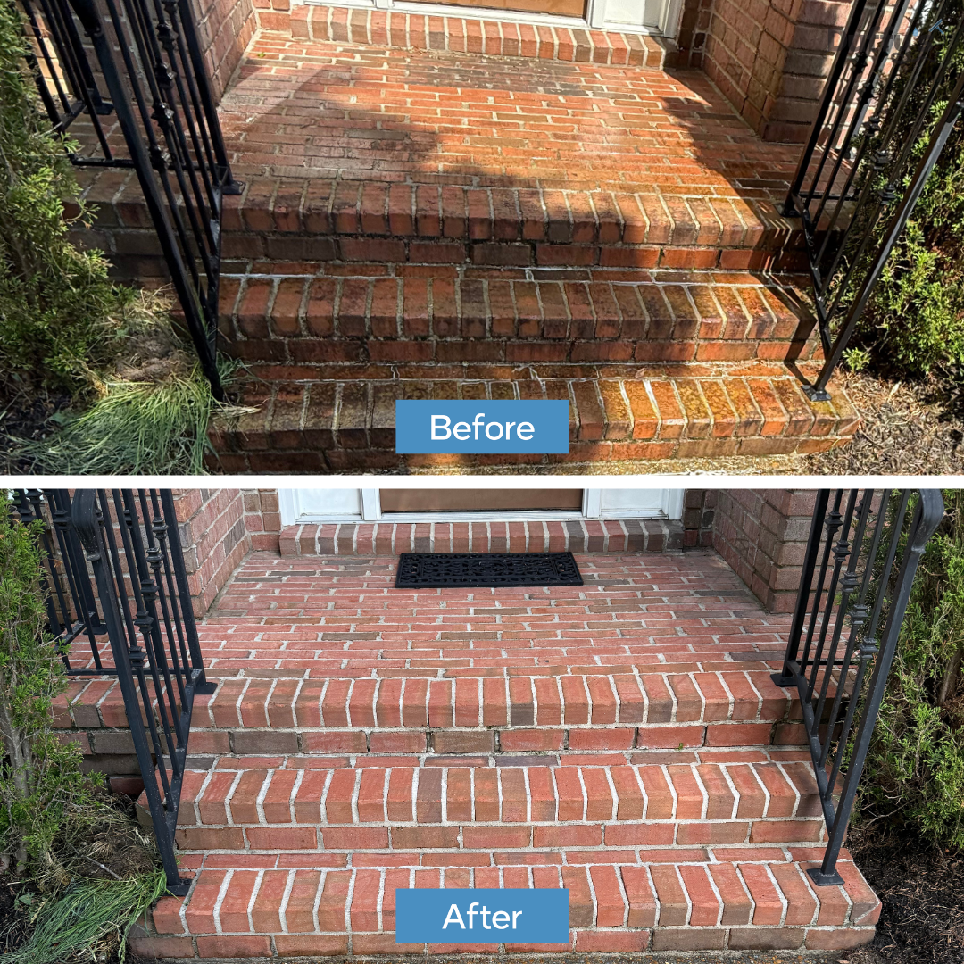 Comparison of brick stairs before and after cleaning. The "Before" image shows dirty, weathered bricks, whereas the "After" image displays clean, bright bricks with a new doormat.
