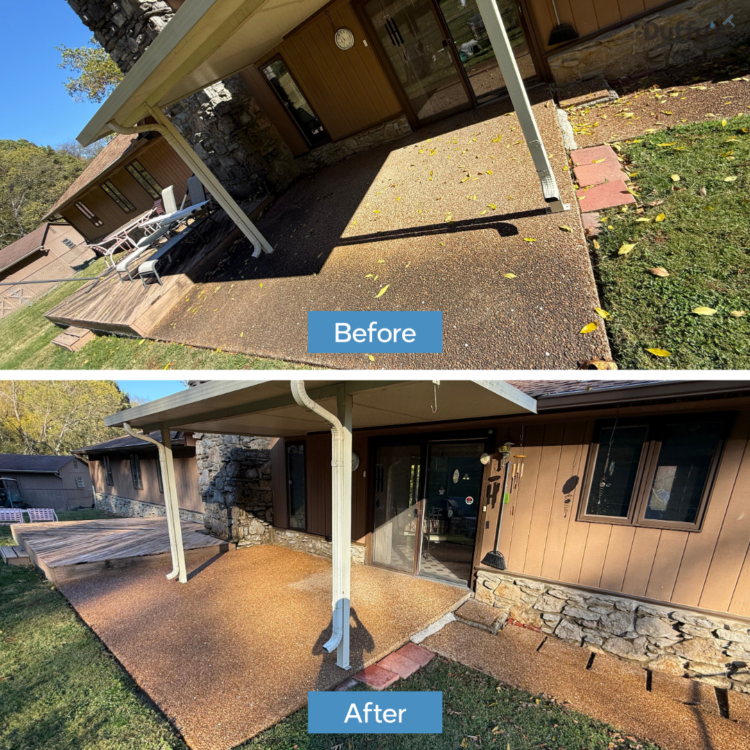 Comparison of a house patio before and after cleaning or renovation. The 'Before' image shows a dirty patio with leaves and debris, while the 'After' image depicts a clean, bright patio with a newly cleaned surface.