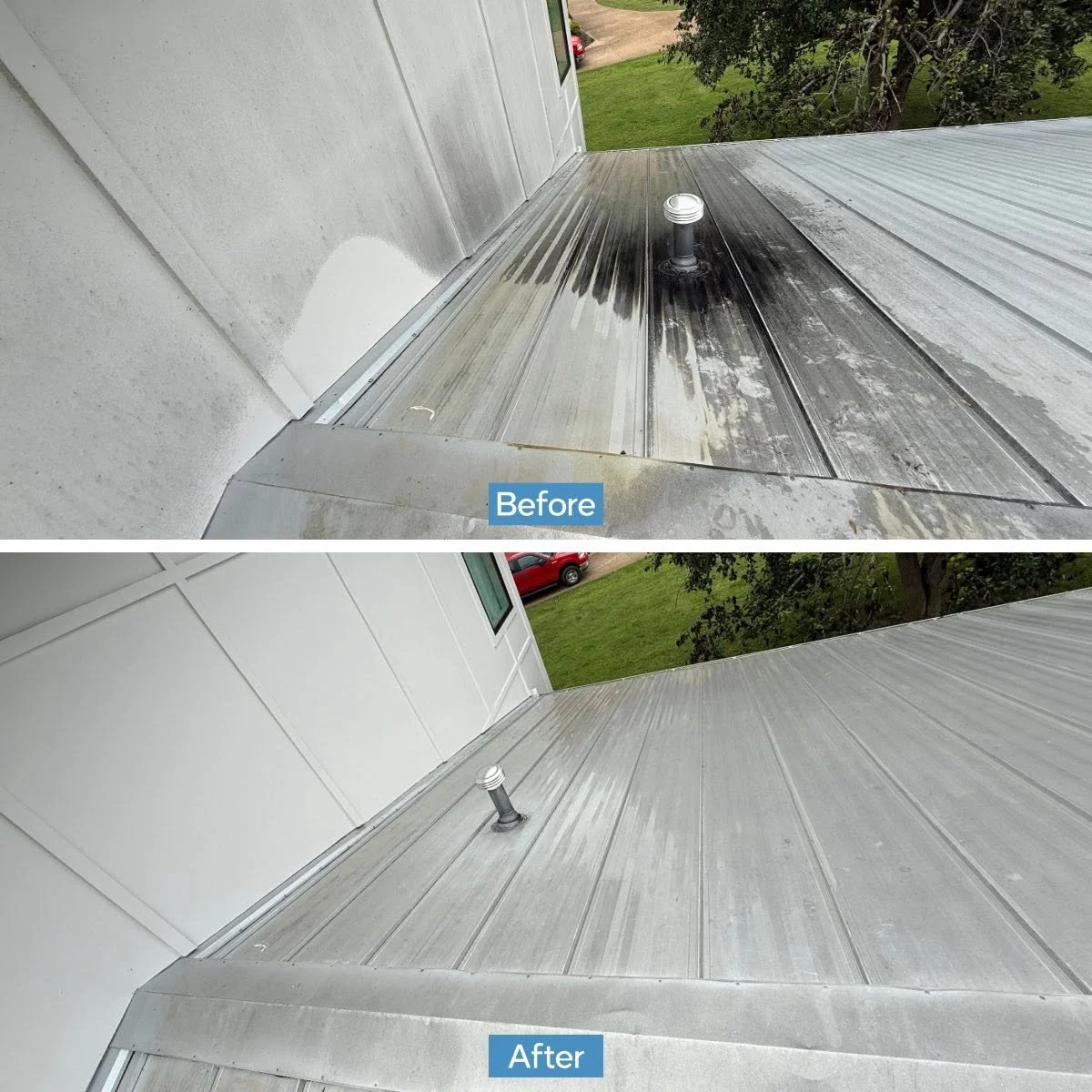 Side-by-side comparison of a metal roof before and after cleaning. The 'before' image shows a dirty, stained roof with black streaks around a roof vent. The 'after' image depicts the same roof after cleaning, appearing clean, bright, and free of stai