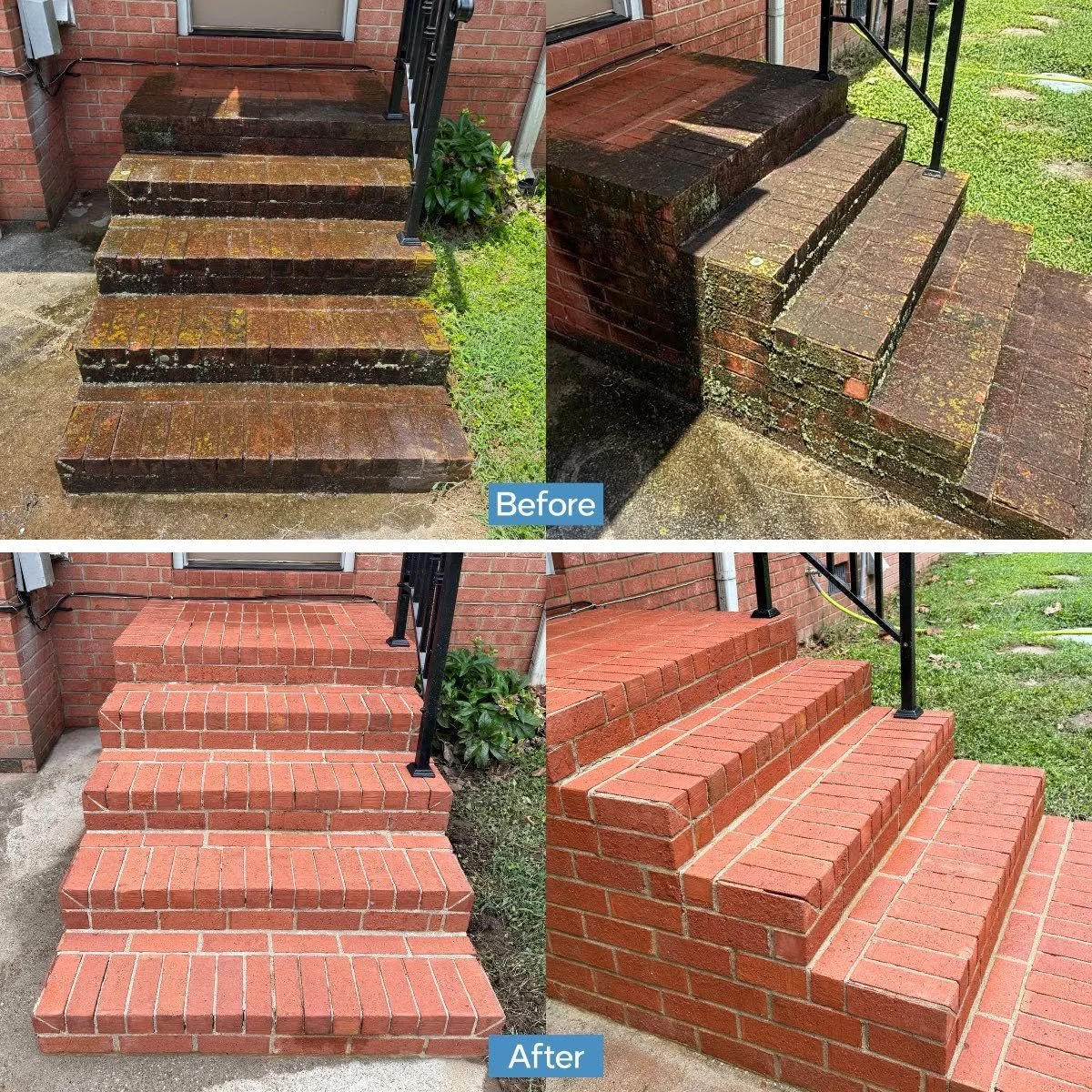 Comparison of a brick staircase before and after restoration. The top images show the weathered, moss-covered stairs with worn bricks, while the bottom images display the newly rebuilt, clean, and red-colored brick stairs with fresh mortar.