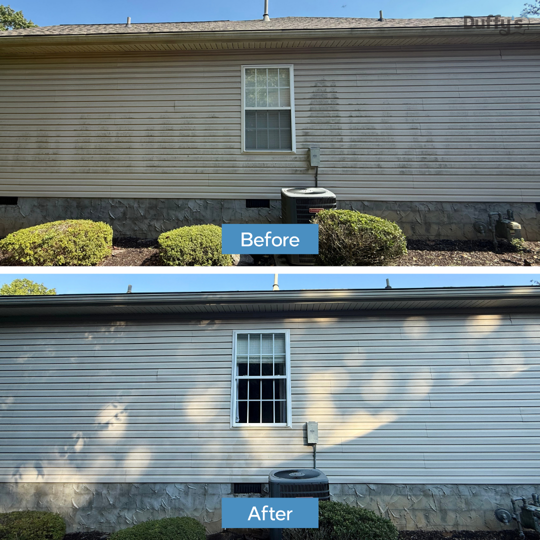 Comparison of the same house's exterior wall before and after cleaning; the top shows a dirty, stained siding and the bottom shows clean, bright siding with sunlight reflections.