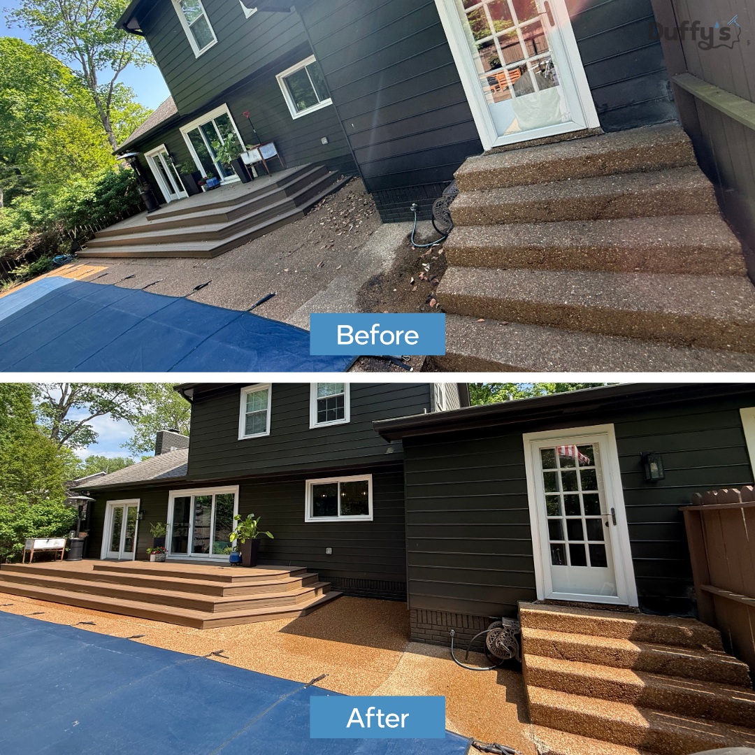 Comparison photo showing a backyard before and after landscaping. The 'before' image has a rough concrete porch and stairs, with a blue tarp on the ground. The 'after' image features a finished, polished wooden deck and newly completed textured, colo