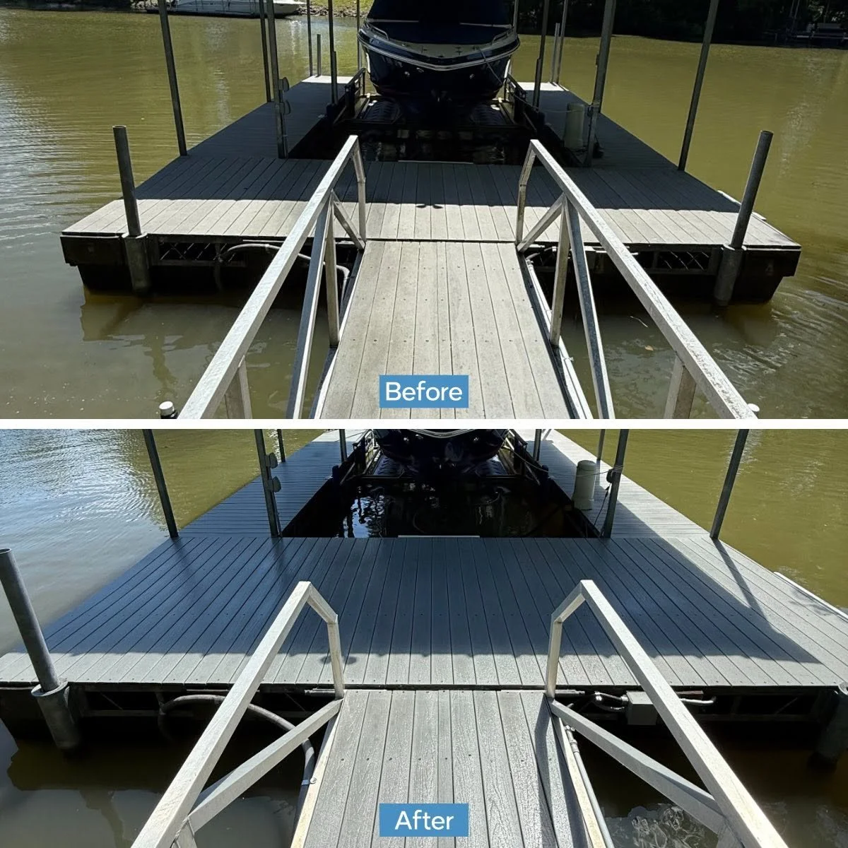 Before and after comparison of a dock with new decking, showing the removal of the previous gray decking for new gray decking installation.